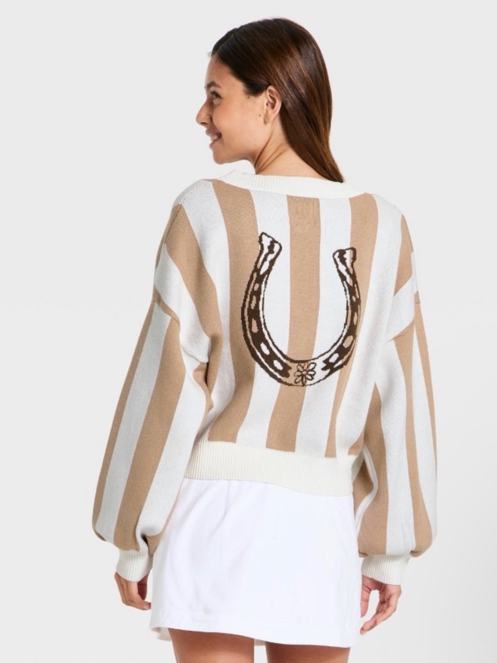 Striped Horseshoe Knit Sweater in Beige and White